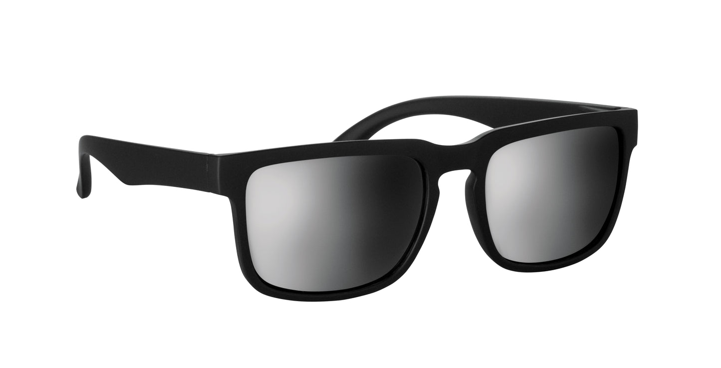 Festival-Sonnenbrille mit verspiegelten Gläsern und mattem gummiertem Rahmen. UV400-Schutz.