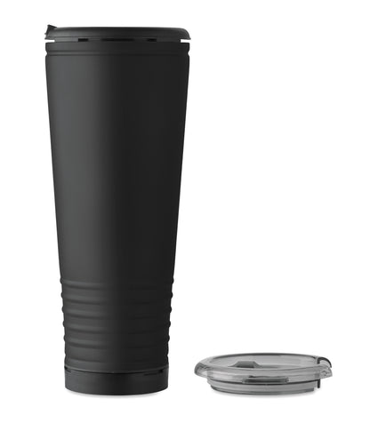 Doppelwandiger Trinkbecher mit Edelstahl-Außenseite und PP-Innenseite. Deckel aus PS mit akustischem Horngeräusch.