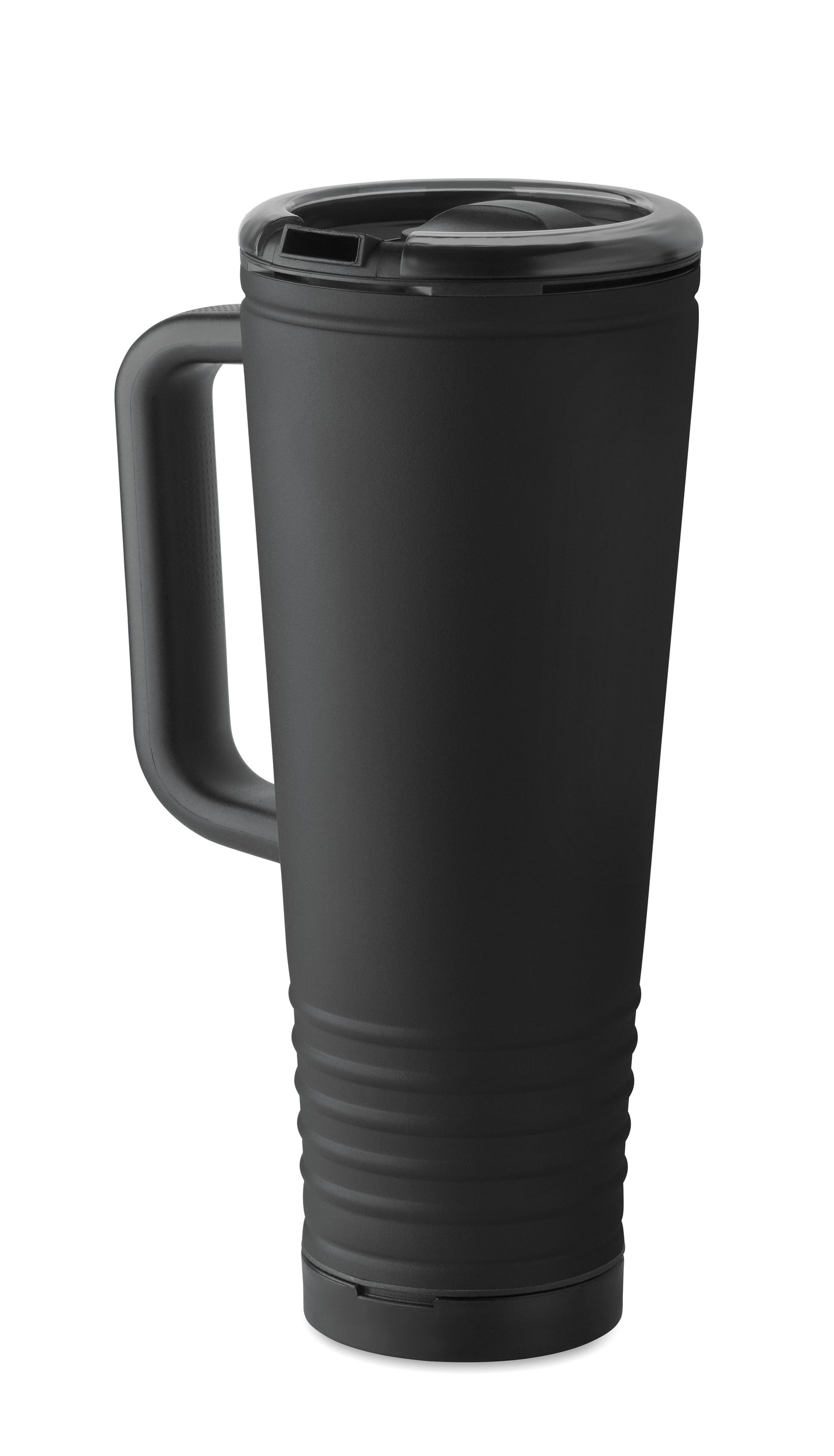 Doppelwandiger Trinkbecher mit Edelstahl-Außenseite und PP-Innenseite. Deckel aus PS mit akustischem Horngeräusch.