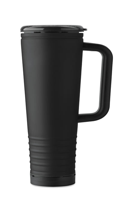 Doppelwandiger Trinkbecher mit Edelstahl-Außenseite und PP-Innenseite. Deckel aus PS mit akustischem Horngeräusch.