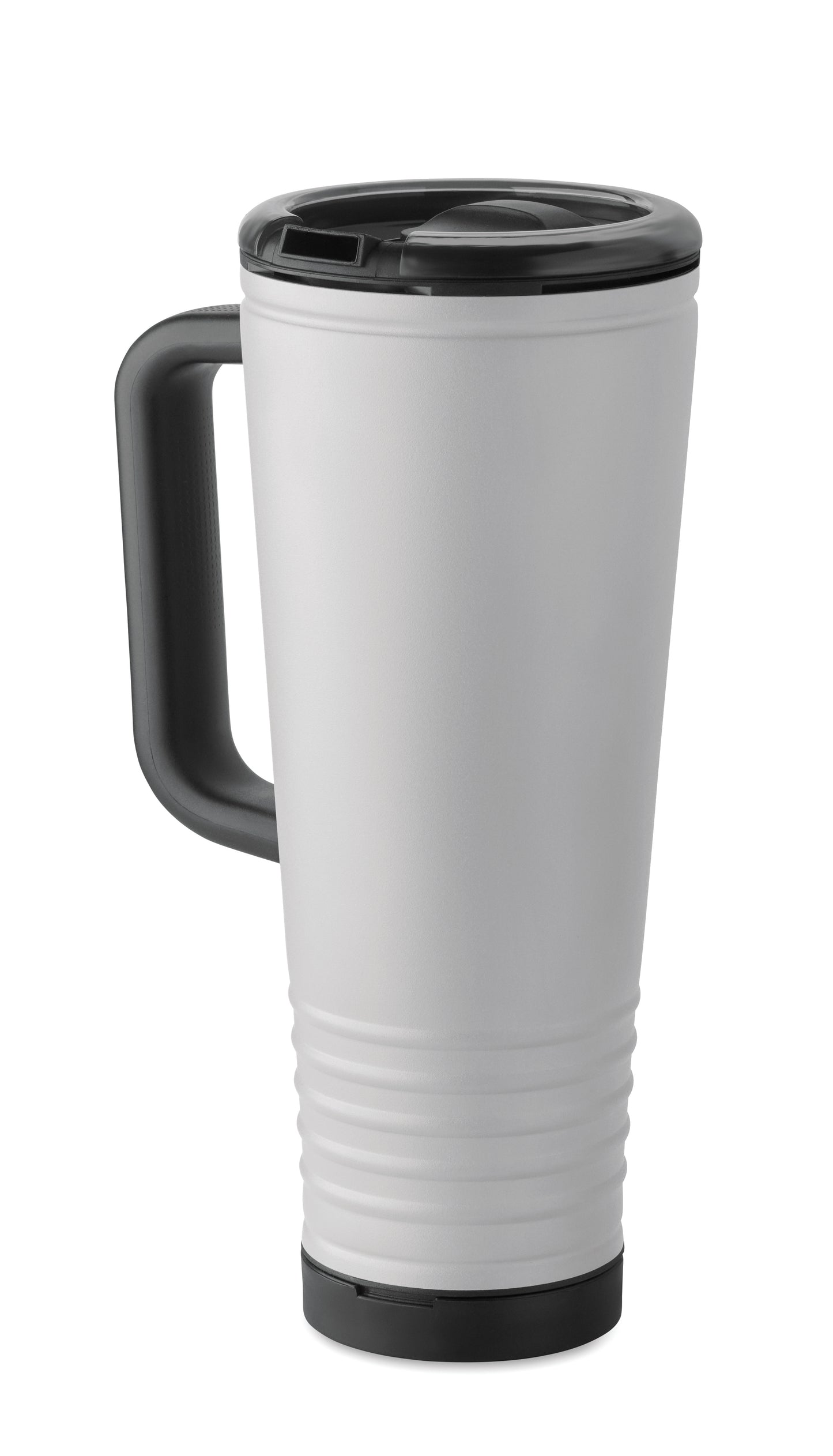 Doppelwandiger Trinkbecher mit Edelstahl-Außenseite und PP-Innenseite. Deckel aus PS mit akustischem Horngeräusch.