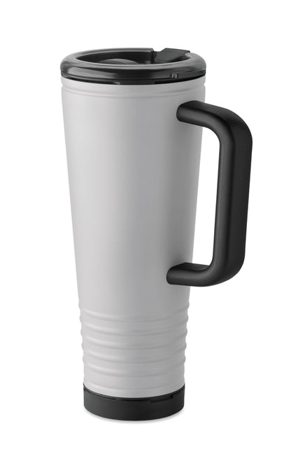 Doppelwandiger Trinkbecher mit Edelstahl-Außenseite und PP-Innenseite. Deckel aus PS mit akustischem Horngeräusch.