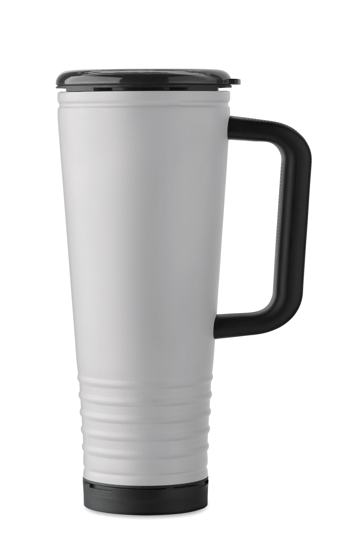 Doppelwandiger Trinkbecher mit Edelstahl-Außenseite und PP-Innenseite. Deckel aus PS mit akustischem Horngeräusch.