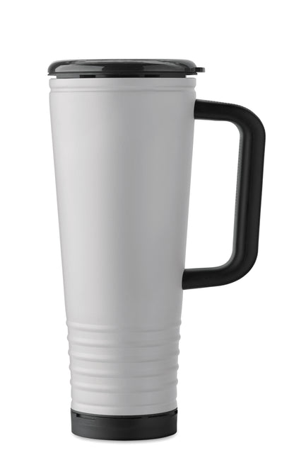 Doppelwandiger Trinkbecher mit Edelstahl-Außenseite und PP-Innenseite. Deckel aus PS mit akustischem Horngeräusch.