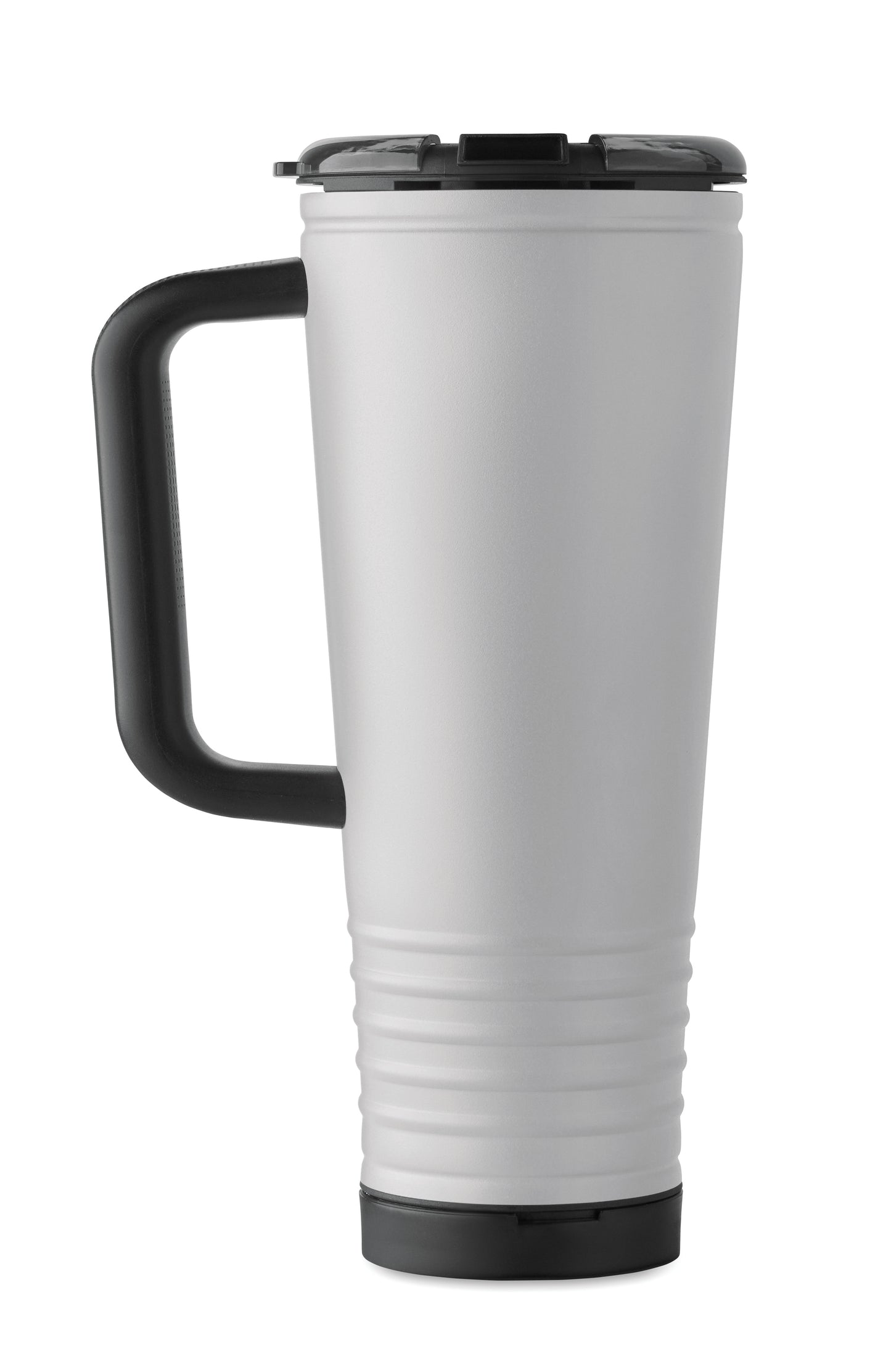 Doppelwandiger Trinkbecher mit Edelstahl-Außenseite und PP-Innenseite. Deckel aus PS mit akustischem Horngeräusch.