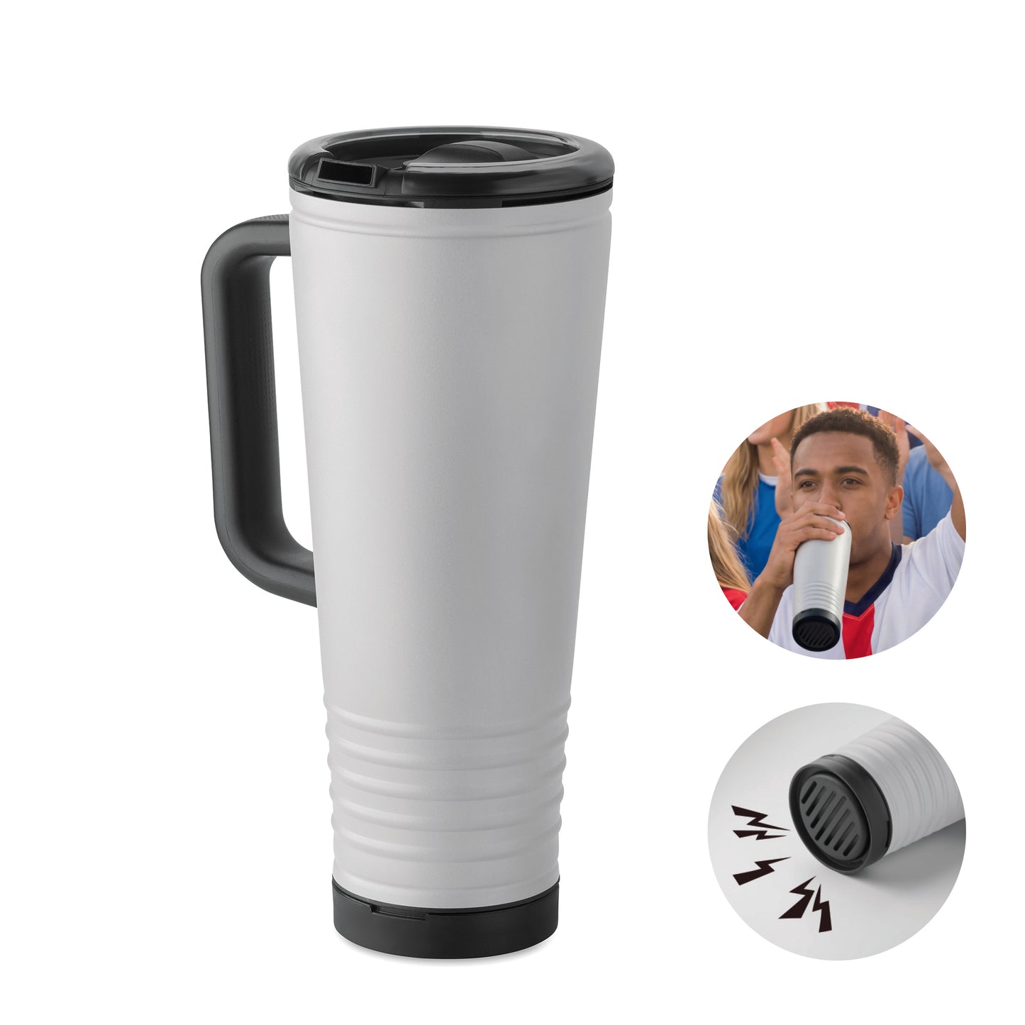 Doppelwandiger Trinkbecher mit Edelstahl-Außenseite und PP-Innenseite. Deckel aus PS mit akustischem Horngeräusch.
