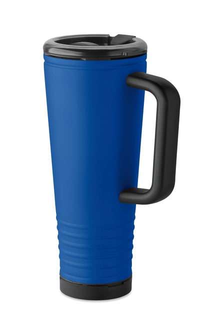 Doppelwandiger Trinkbecher mit Edelstahl-Außenseite und PP-Innenseite. Deckel aus PS mit akustischem Horngeräusch.