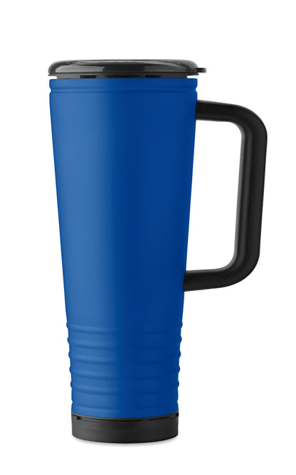 Doppelwandiger Trinkbecher mit Edelstahl-Außenseite und PP-Innenseite. Deckel aus PS mit akustischem Horngeräusch.