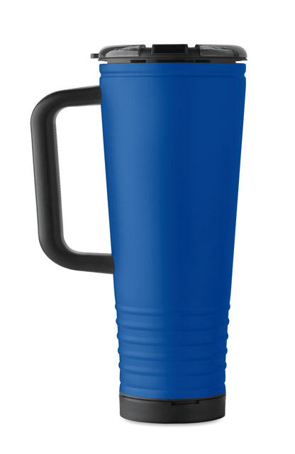 Doppelwandiger Trinkbecher mit Edelstahl-Außenseite und PP-Innenseite. Deckel aus PS mit akustischem Horngeräusch.