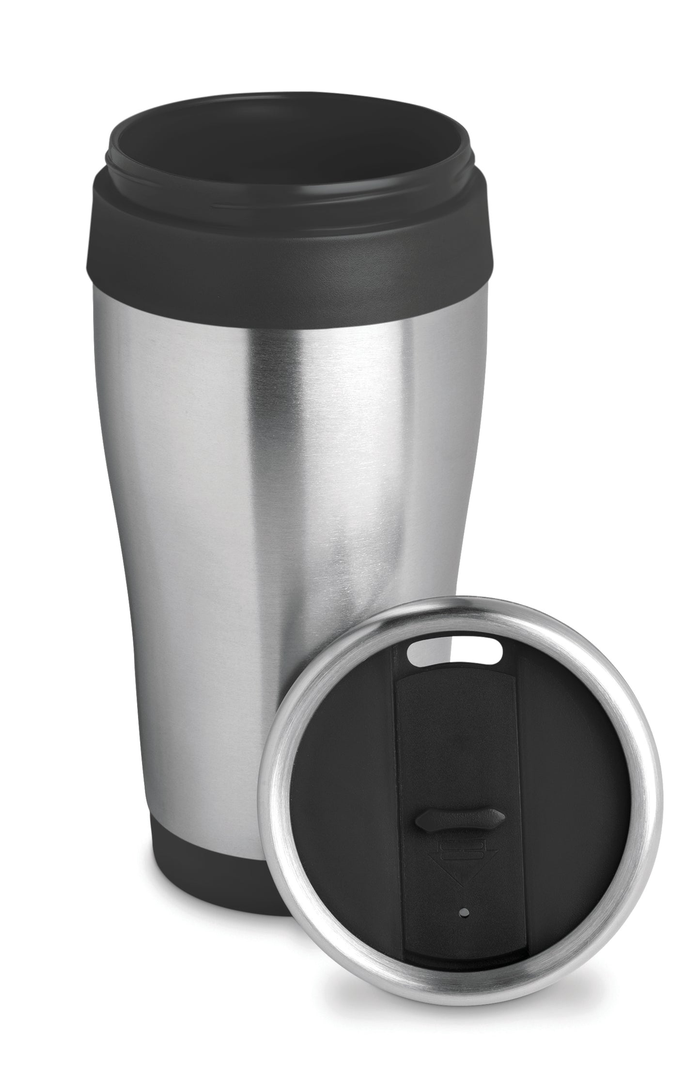 Doppelwandiger Trinkbecher aus Edelstahl. Innenbeschichtung und Deckel aus PP. Füllmenge: 455 ml.
