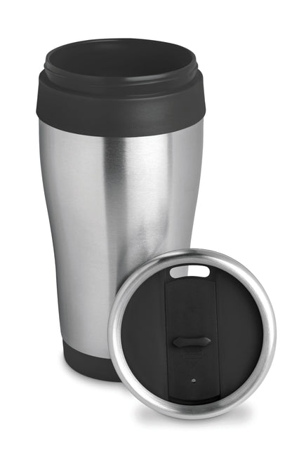 Doppelwandiger Trinkbecher aus Edelstahl. Innenbeschichtung und Deckel aus PP. Füllmenge: 455 ml.