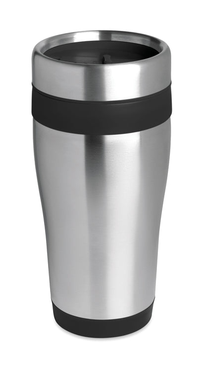 Doppelwandiger Trinkbecher aus Edelstahl. Innenbeschichtung und Deckel aus PP. Füllmenge: 455 ml.
