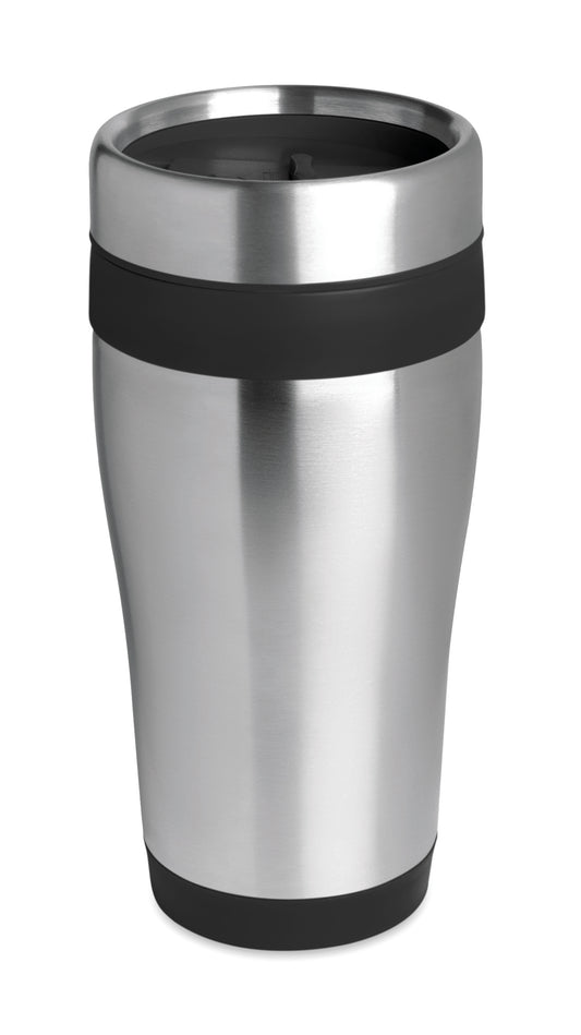 Doppelwandiger Trinkbecher aus Edelstahl. Innenbeschichtung und Deckel aus PP. Füllmenge: 455 ml.