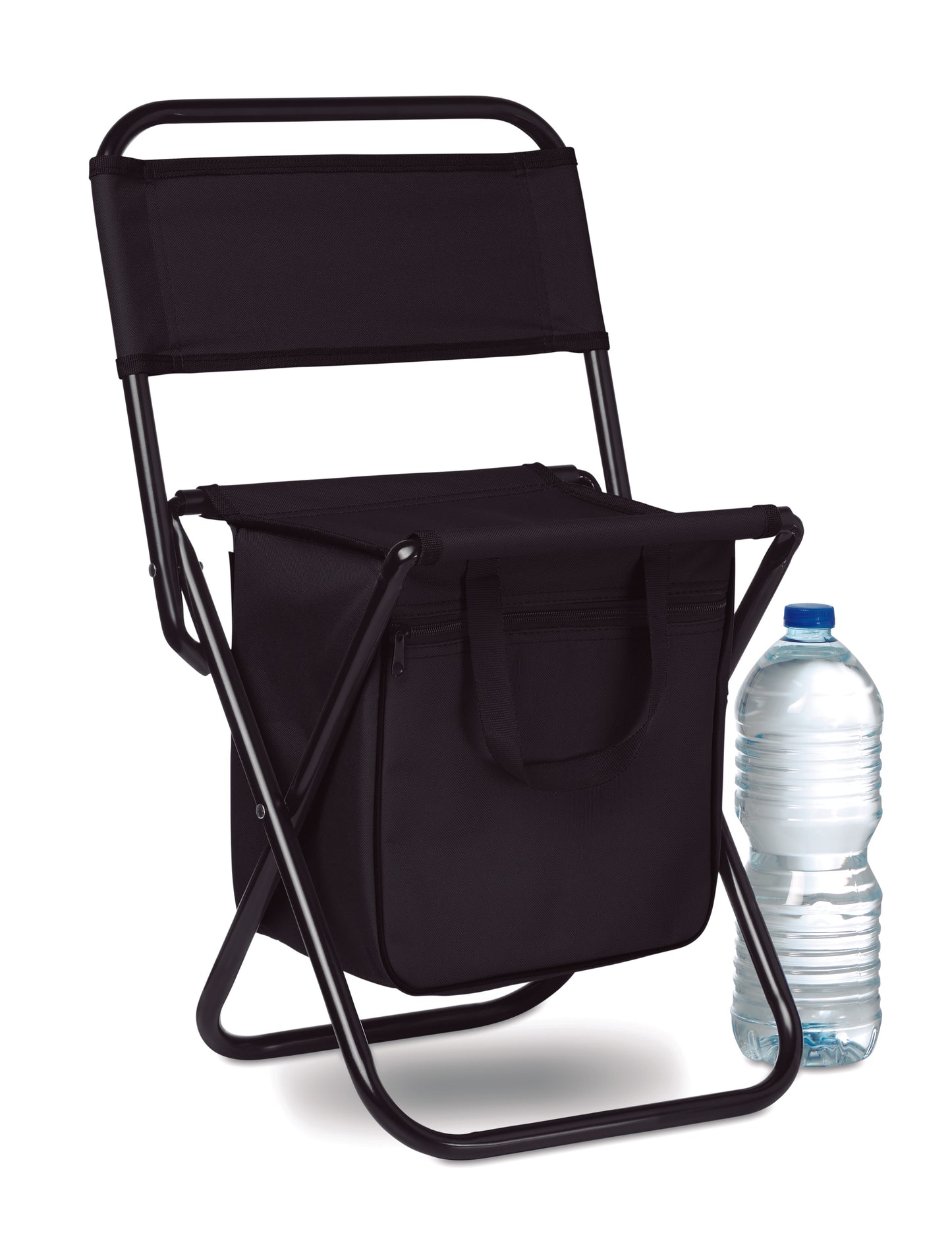 Kleiner Klappstuhl. Integrierte Kühltasche unter dem Sitz. Mit Tragegriffen. Max. Tragkraft 90
