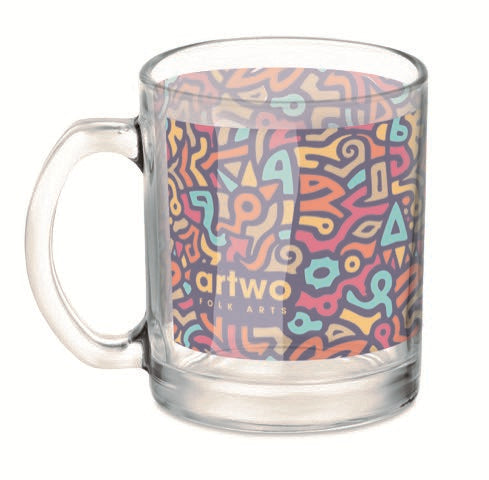 Kaffeebecher aus klarem Glas mit spezieller Beschichtung geeignet für Sublimationsdruck. Füllmenge: 300