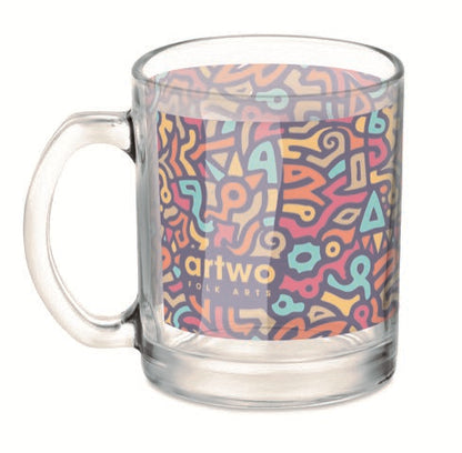 Kaffeebecher aus klarem Glas mit spezieller Beschichtung geeignet für Sublimationsdruck. Füllmenge: 300