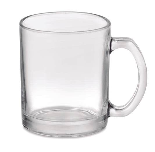 Kaffeebecher aus klarem Glas mit spezieller Beschichtung geeignet für Sublimationsdruck. Füllmenge: 300