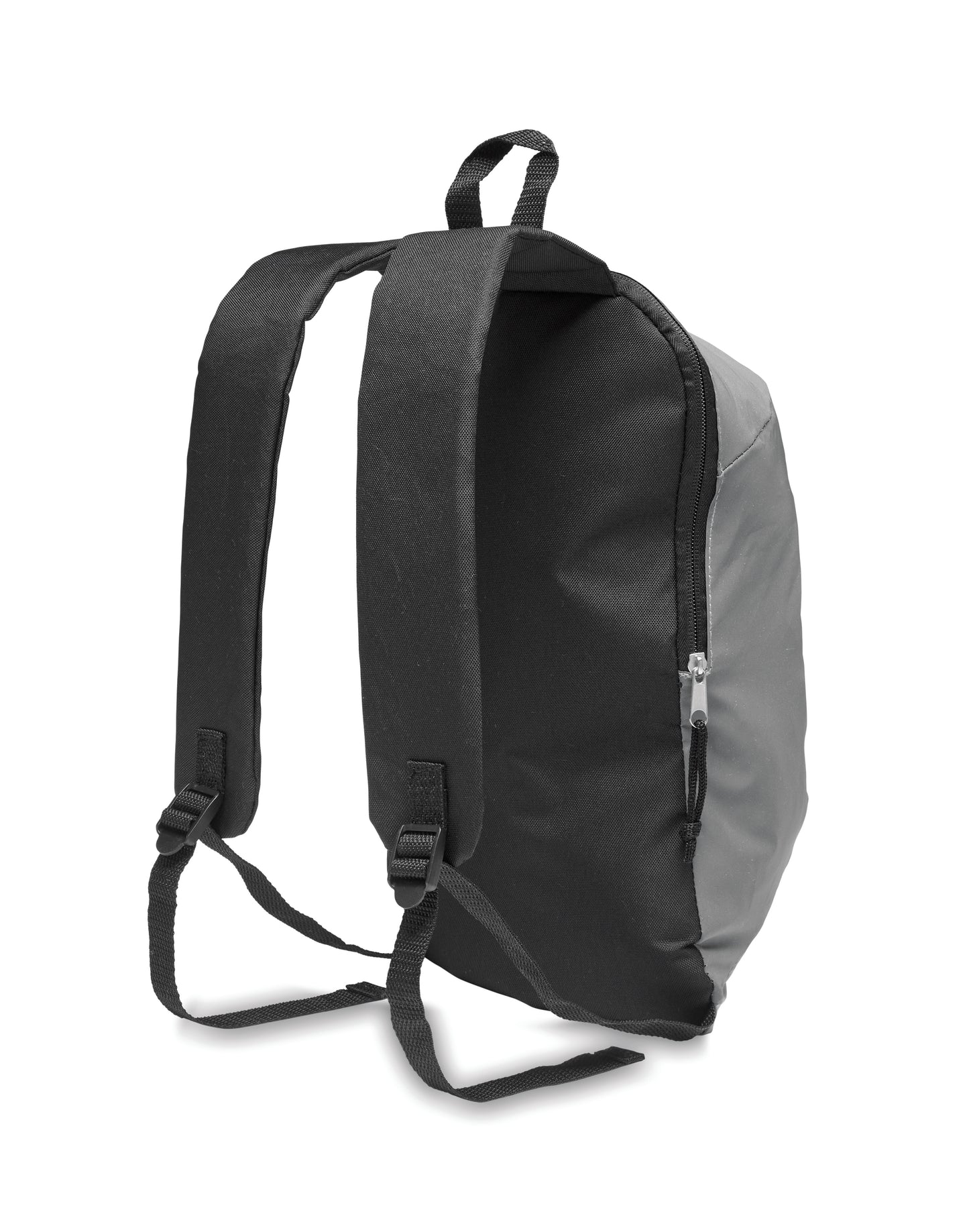 Rucksack mit Front aus hoch reflektierendem Polyester. Fronttasche mit Reißverschluss. Gepolsterte Rückseite.