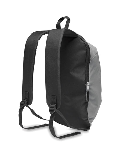 Rucksack mit Front aus hoch reflektierendem Polyester. Fronttasche mit Reißverschluss. Gepolsterte Rückseite.