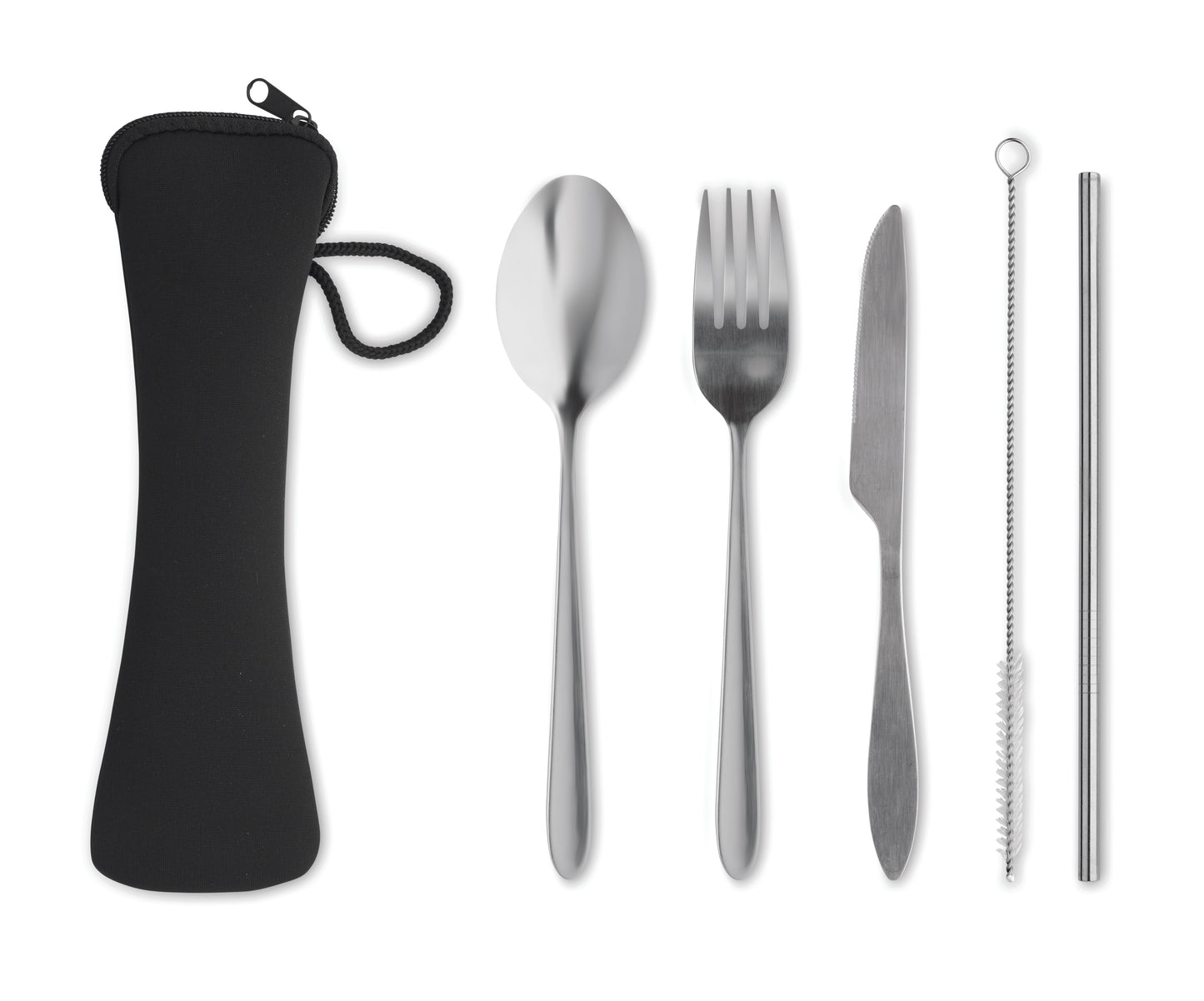 Wiederverwendbares Besteck-Set mit Messer Gabel Löffel Trinkhalm und Bürste aus Edelstahl im