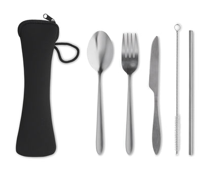 Wiederverwendbares Besteck-Set mit Messer Gabel Löffel Trinkhalm und Bürste aus Edelstahl im