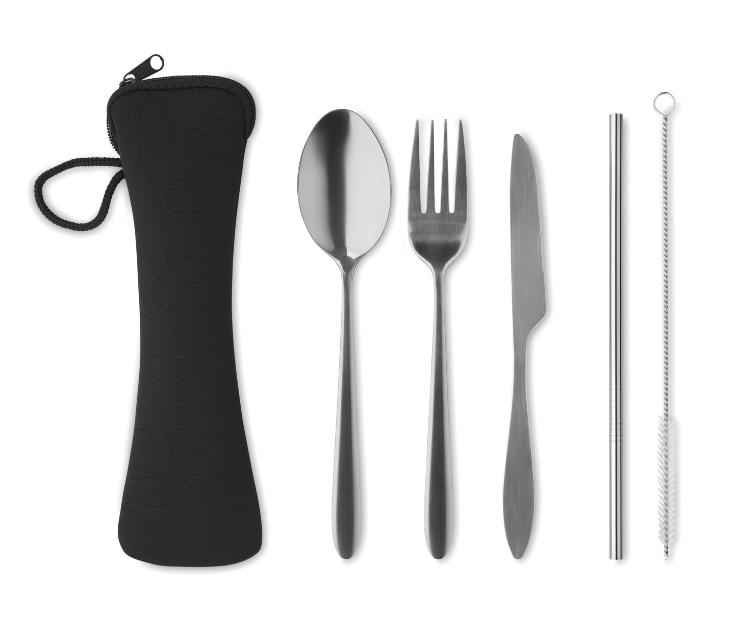 Wiederverwendbares Besteck-Set mit Messer Gabel Löffel Trinkhalm und Bürste aus Edelstahl im