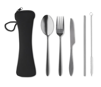 Wiederverwendbares Besteck-Set mit Messer Gabel Löffel Trinkhalm und Bürste aus Edelstahl im
