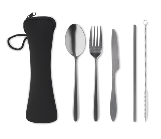 Wiederverwendbares Besteck-Set mit Messer Gabel Löffel Trinkhalm und Bürste aus Edelstahl im