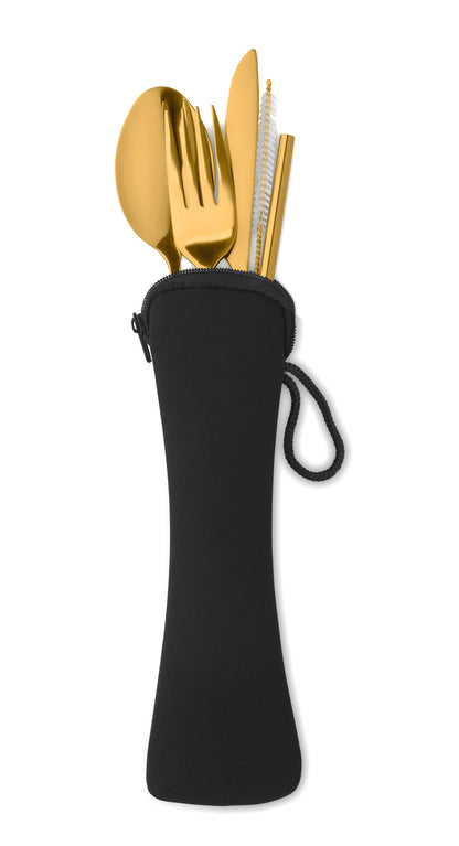 Wiederverwendbares Besteck-Set mit Messer Gabel Löffel Trinkhalm und Bürste aus Edelstahl im