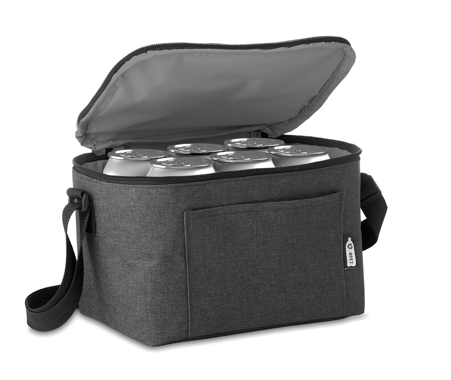 2 tone Kühltasche für 6 Dosen mit Fronttasche. 600D RPET. Isoliermaterial: 0