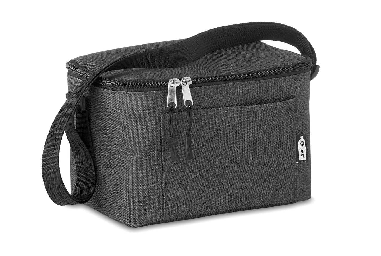 2 tone Kühltasche für 6 Dosen mit Fronttasche. 600D RPET. Isoliermaterial: 0