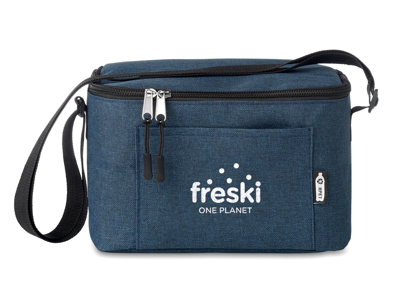 2 tone Kühltasche für 6 Dosen mit Fronttasche. 600D RPET. Isoliermaterial: 0