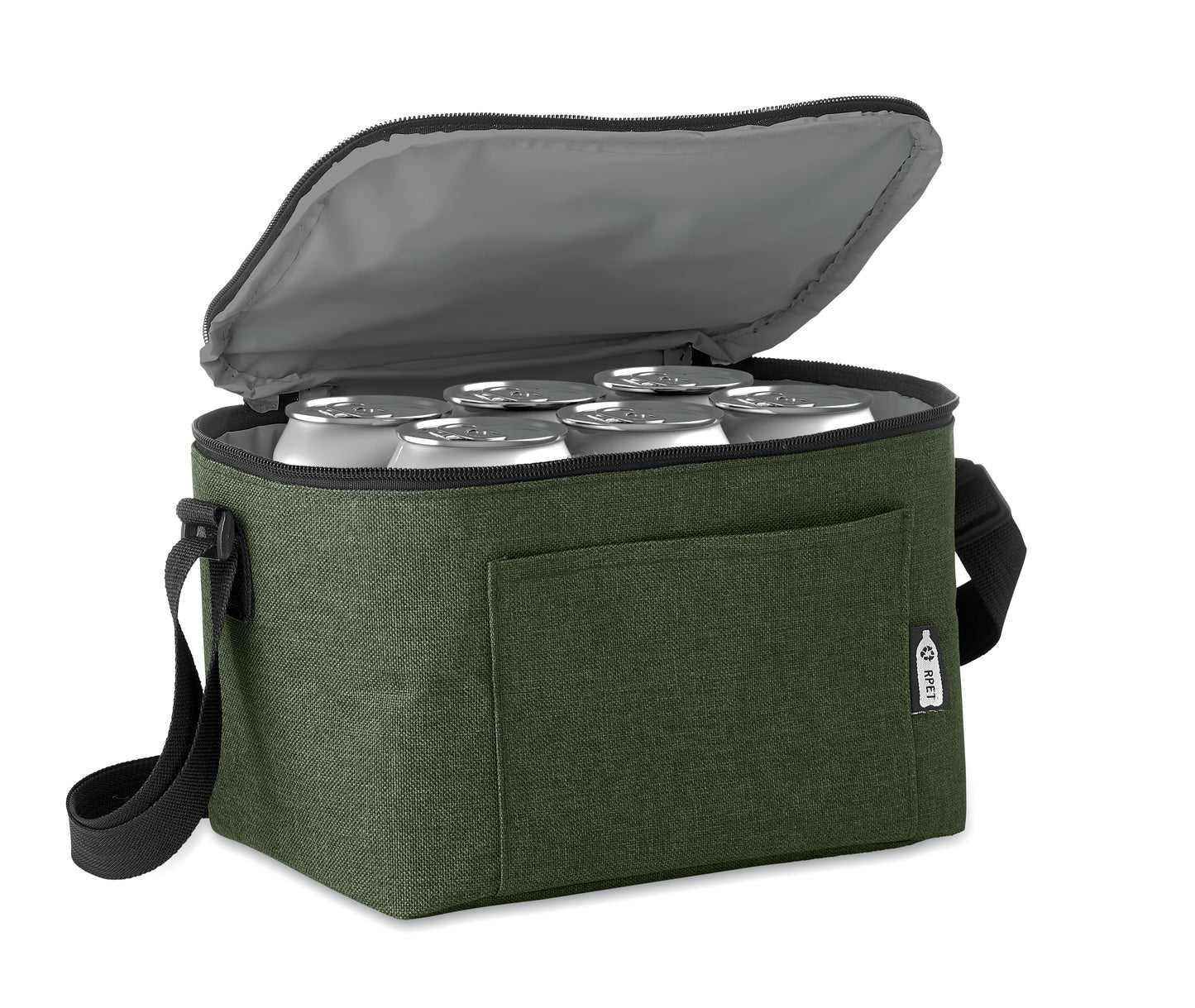 2 tone Kühltasche für 6 Dosen mit Fronttasche. 600D RPET. Isoliermaterial: 0