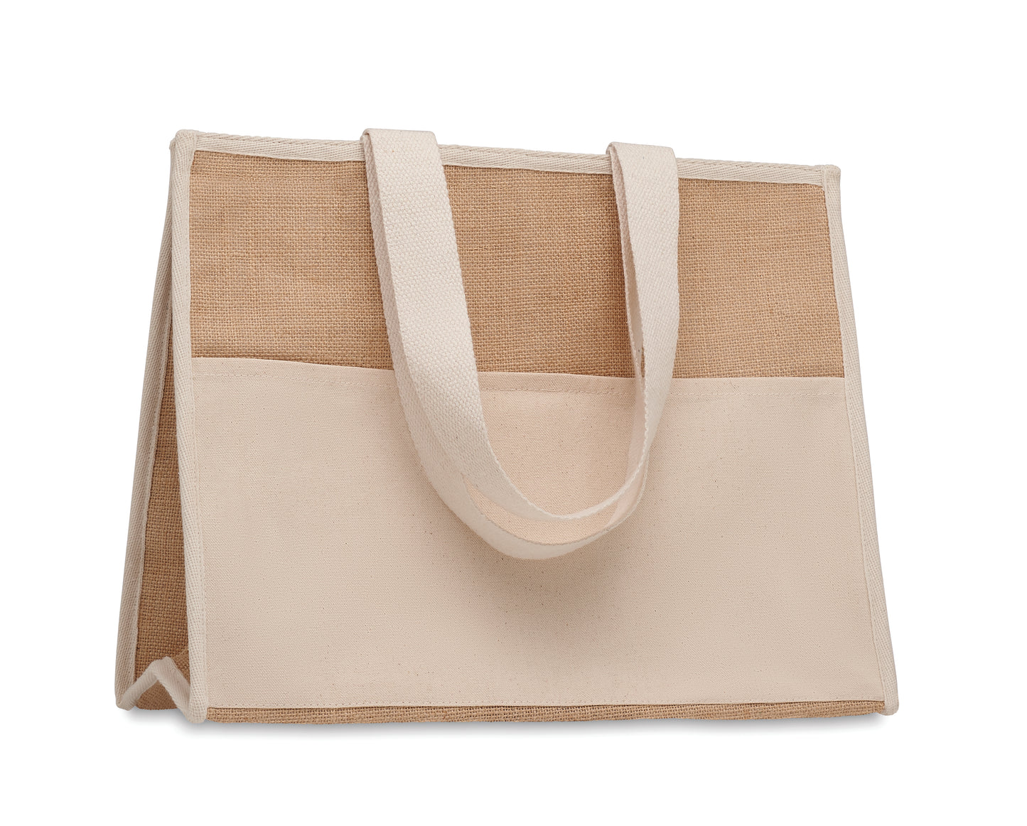 Diese Shopping Tasche aus Jute hat lange Tragegriffe. Das Innere ist laminiert
