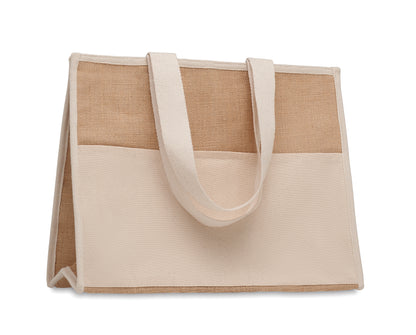 Diese Shopping Tasche aus Jute hat lange Tragegriffe. Das Innere ist laminiert