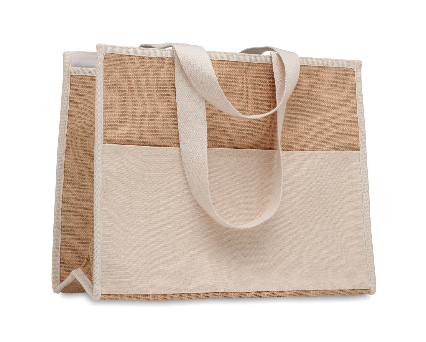 Diese Shopping Tasche aus Jute hat lange Tragegriffe. Das Innere ist laminiert