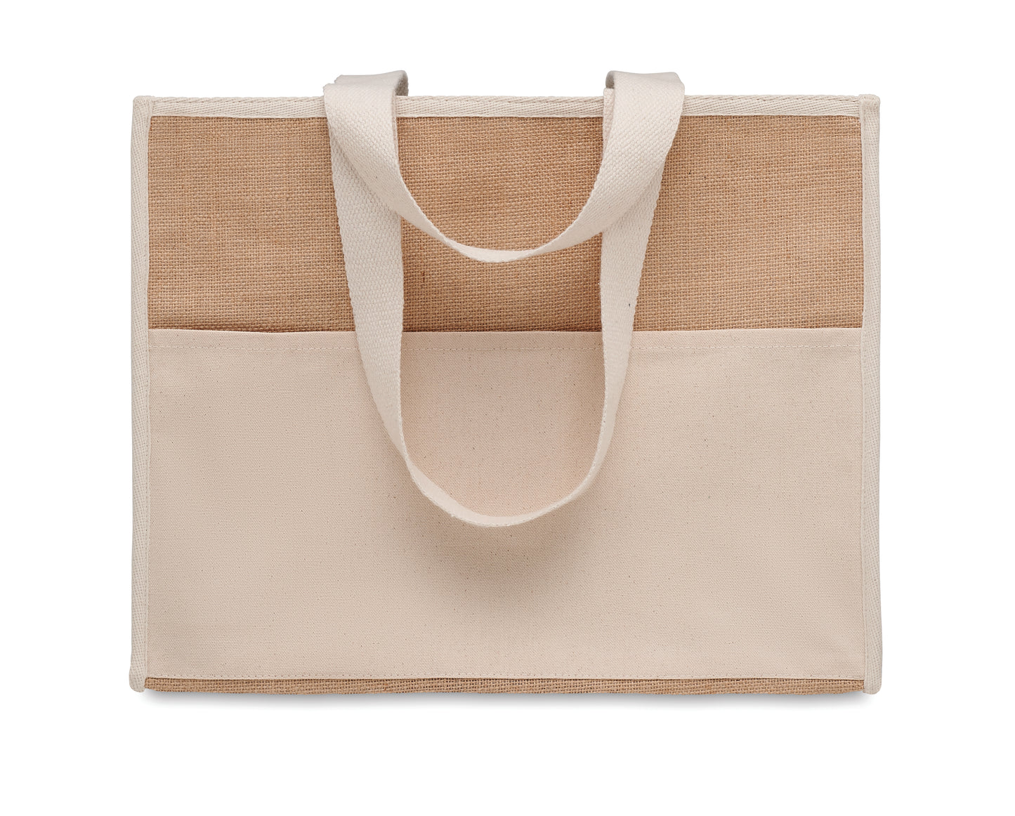 Diese Shopping Tasche aus Jute hat lange Tragegriffe. Das Innere ist laminiert