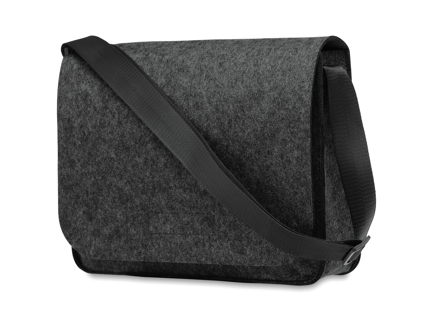 Umhängetasche aus RPET-Filz. Klettverschluss und Umhängegurt. Bietet Platz für einen 15'' Laptop.