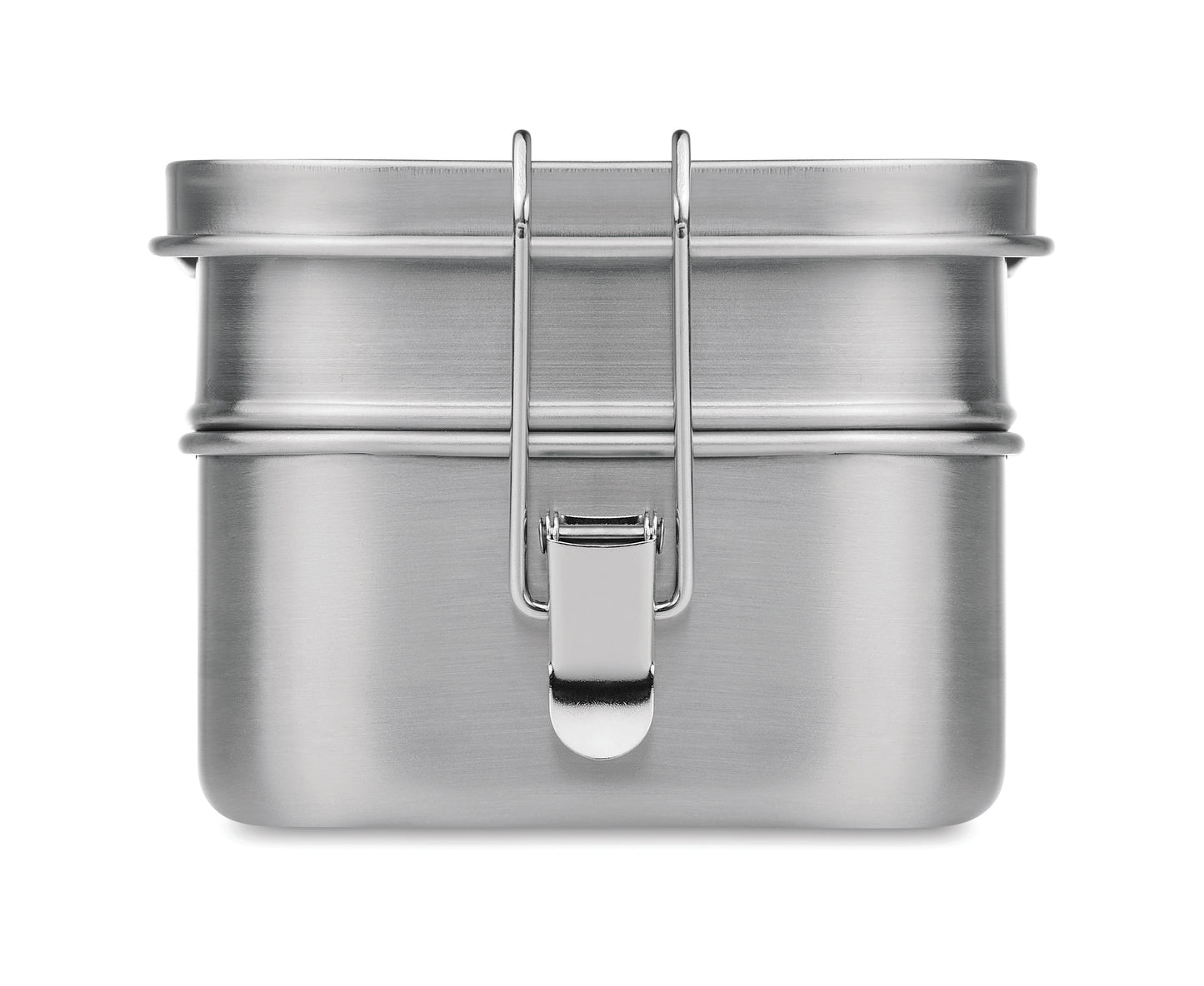 Lunchbox aus Edelstahl mit 2 Ebenen und starken Halteklammern. Füllmenge: 1200 ml.