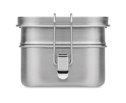 Lunchbox aus Edelstahl mit 2 Ebenen und starken Halteklammern. Füllmenge: 1200 ml.