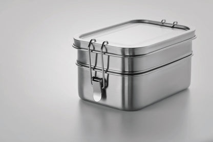 Lunchbox aus Edelstahl mit 2 Ebenen und starken Halteklammern. Füllmenge: 1200 ml.