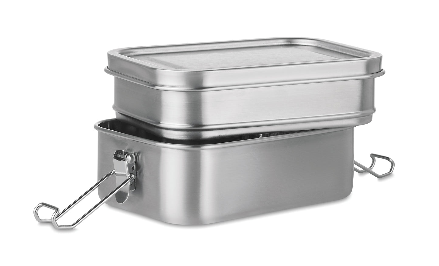 Lunchbox aus Edelstahl mit 2 Ebenen und starken Halteklammern. Füllmenge: 1200 ml.