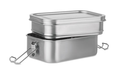 Lunchbox aus Edelstahl mit 2 Ebenen und starken Halteklammern. Füllmenge: 1200 ml.