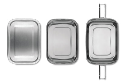 Lunchbox aus Edelstahl mit 2 Ebenen und starken Halteklammern. Füllmenge: 1200 ml.