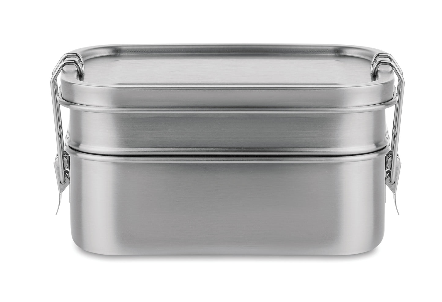 Lunchbox aus Edelstahl mit 2 Ebenen und starken Halteklammern. Füllmenge: 1200 ml.