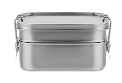 Lunchbox aus Edelstahl mit 2 Ebenen und starken Halteklammern. Füllmenge: 1200 ml.