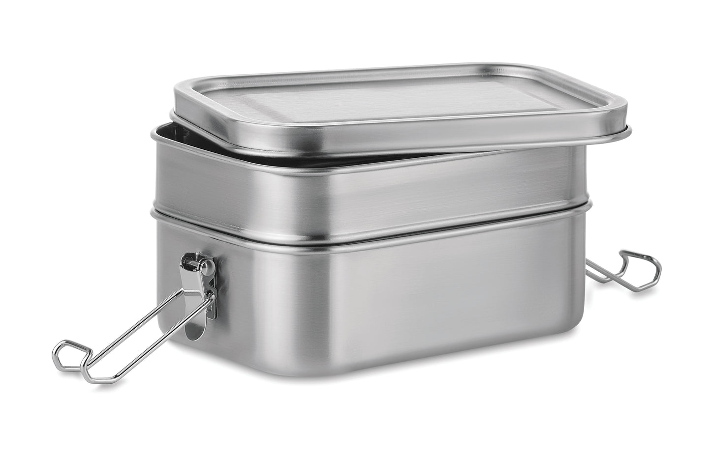 Lunchbox aus Edelstahl mit 2 Ebenen und starken Halteklammern. Füllmenge: 1200 ml.