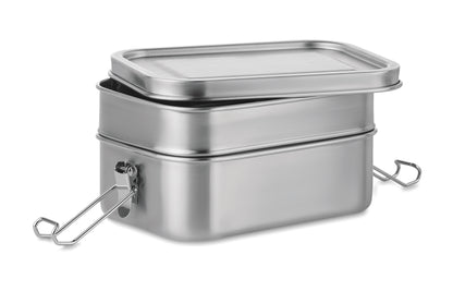 Lunchbox aus Edelstahl mit 2 Ebenen und starken Halteklammern. Füllmenge: 1200 ml.
