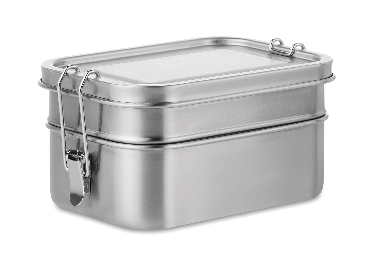 Lunchbox aus Edelstahl mit 2 Ebenen und starken Halteklammern. Füllmenge: 1200 ml.