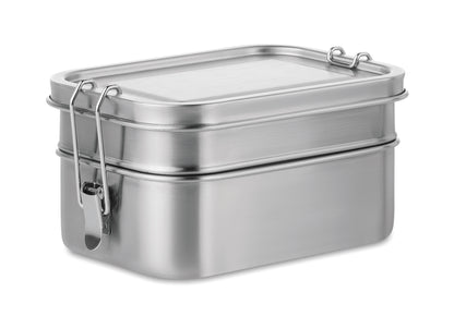 Lunchbox aus Edelstahl mit 2 Ebenen und starken Halteklammern. Füllmenge: 1200 ml.